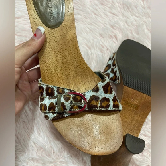 Bandolino Buckle Blue Brown Leopard Print Faux Fur Wood Clog Heels Women’s 8.5 - Picture 8 of 11
